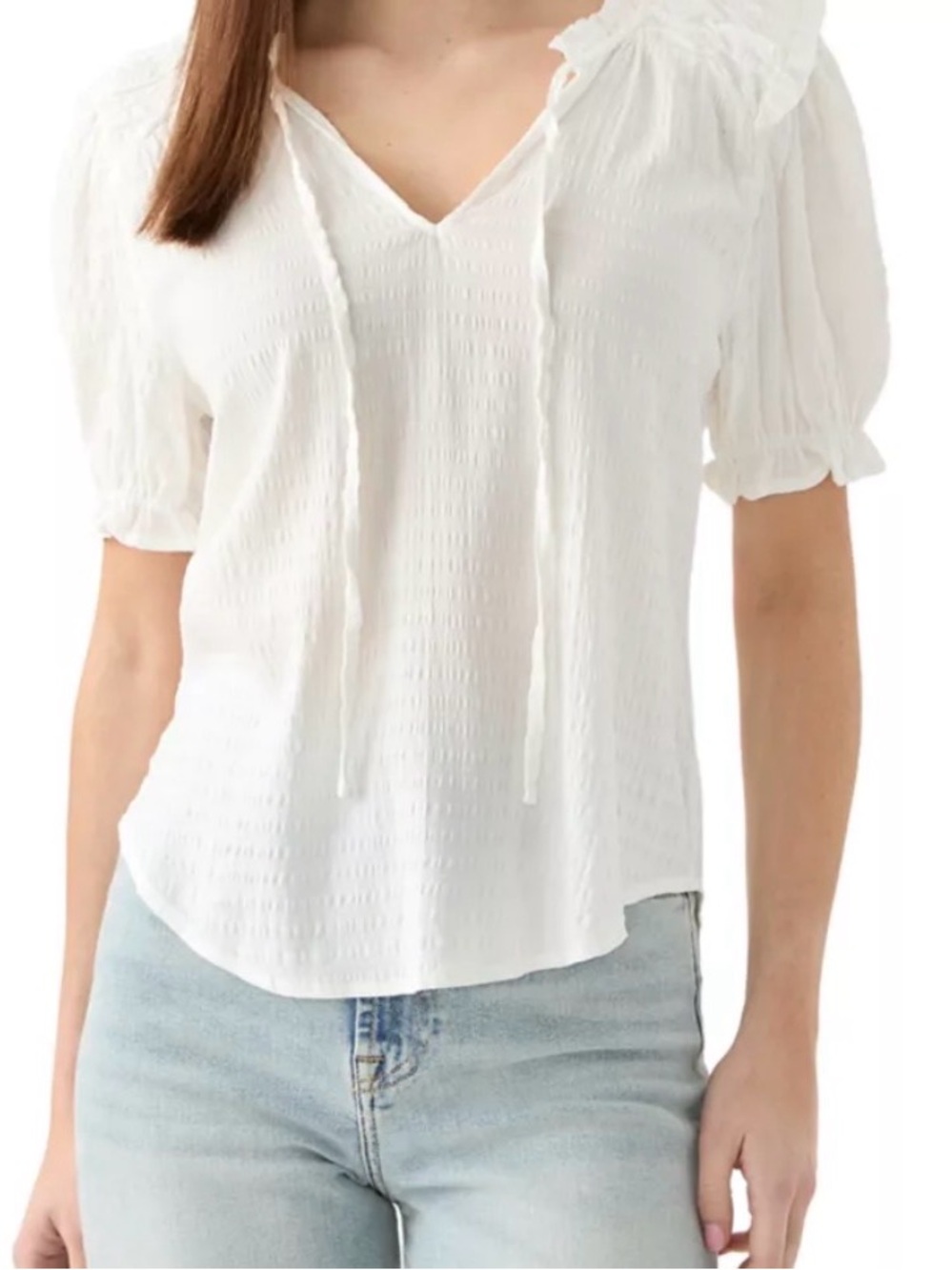 OAK & TRELLIS Size XL White Crinkled Ruffled Neckline Top PUFF SLEEVES